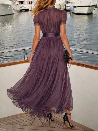 Purple Keyhole Neckline Chiffon Lace Trim Maxi Dress