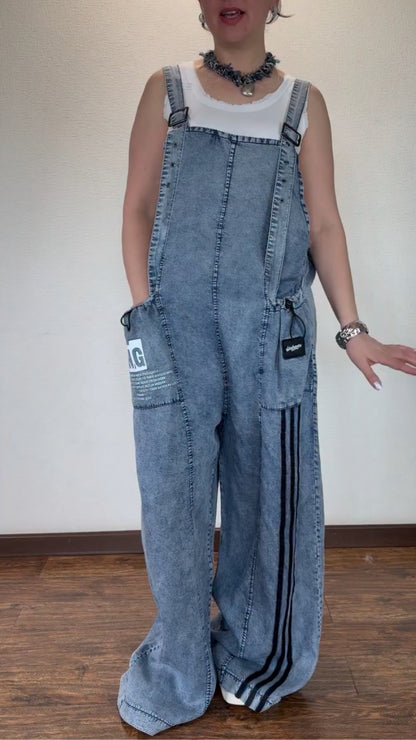 Washed Blue Striped Denim Overalls