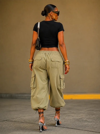 Drawstring Waist Capri Cargo Pants