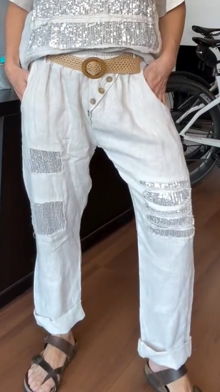 Women's Sequin-Striped Linen Top + Sequin-Patch Casual Pants Set