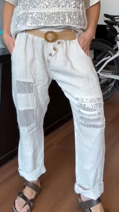 Women's Sequin-Striped Linen Top + Sequin-Patch Casual Pants Set