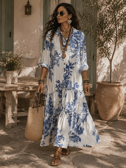 Bohemian Blue Floral Button-down Maxi Dress