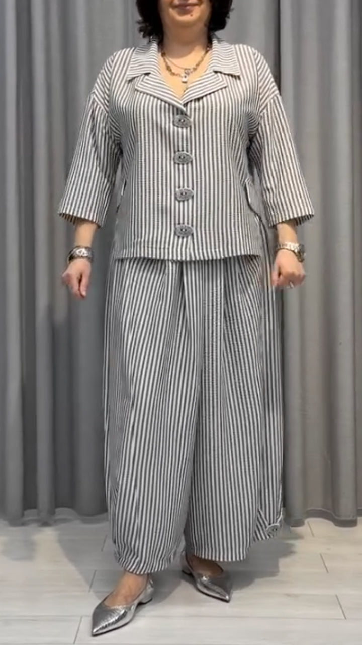 Grey Striped Linen-Blend Co-Ord Set