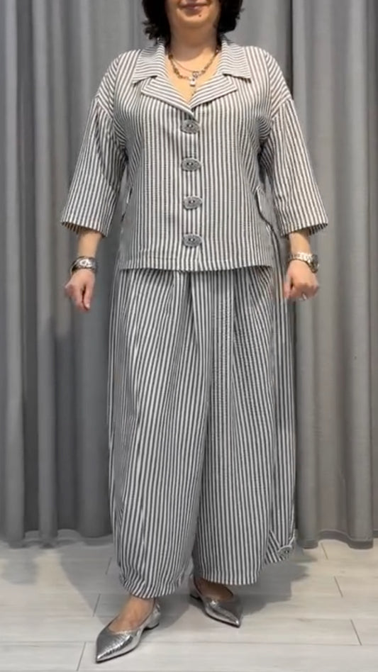 Grey Striped Linen-Blend Co-Ord Set