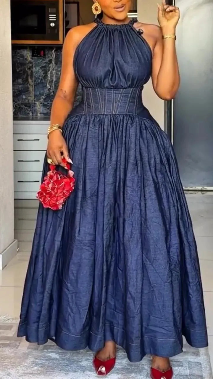 Dark Denim Halter Corset Waist Maxi Dress