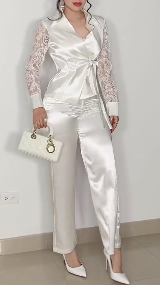Satin Lace Sleeve Wrap Top & Straight Leg Pants Co‑Ord Set