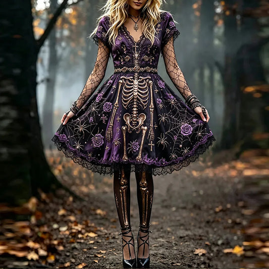 Women's Halloween Skull And Spider Lace Art Distressed V-neck Short Sleeve Mini Dress