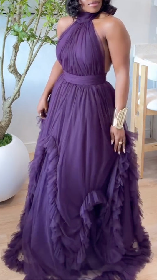 Halter Neck Backless Tulle Maxi Dress