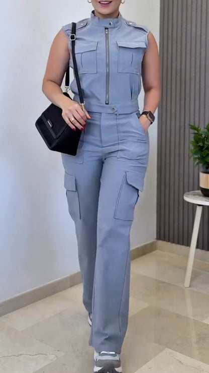 Sleeveless Zip-Up Top and Wide Leg Pants Set