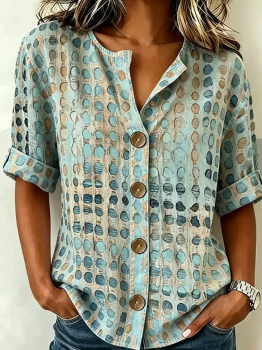 Artistic Watercolor Polka-dot Print Cotton-linen Henley Shirt