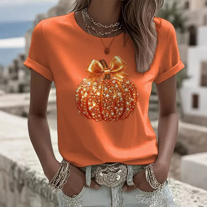 Women's Autumn Sequin Pumpkin Print Crew Neck T-shirt