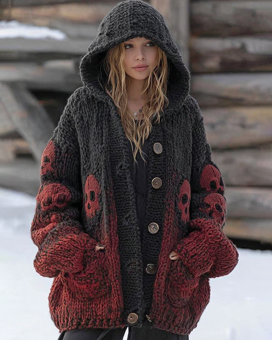 Halloween Themed Contrasting Color Skull Knitted Hooded Cardigan c338