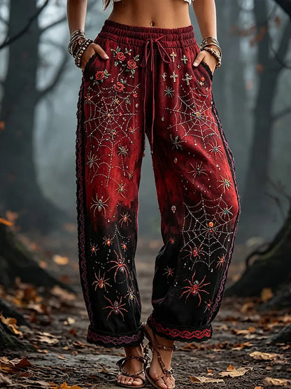 Women's Vintage Halloween Spider And Rose Art Gradient Casual Sweatpants
