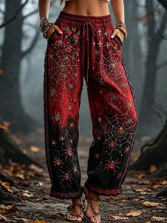 Women's Vintage Halloween Spider And Rose Art Gradient Casual Sweatpants