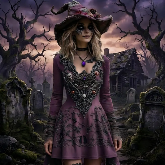 Women’s Gothic V-neck Long Sleeve Dress With Skull, Pumpkin, And Cat Embroider