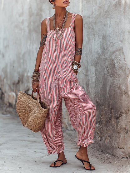 Striped Cotton Square-Neck Wide Leg Jumpsuit