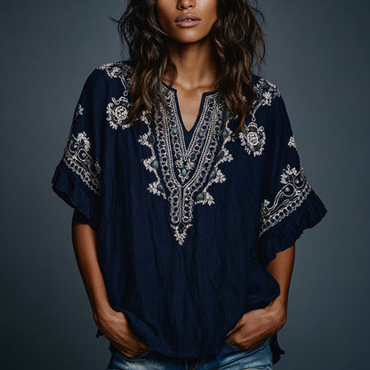 Women's Boho Floral Art Print Flowy Linen Blend Casual Short Sleeve Tops