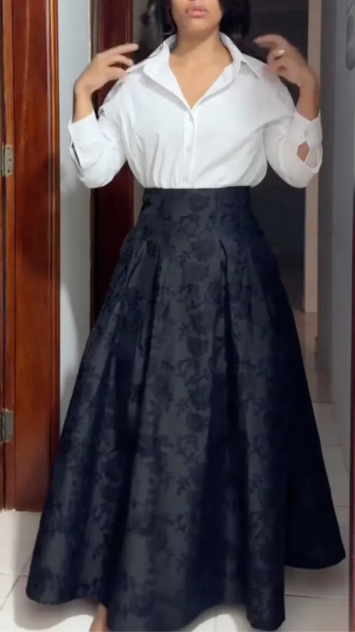 Black Textured Maxi Skirt and White Blouse Outfit