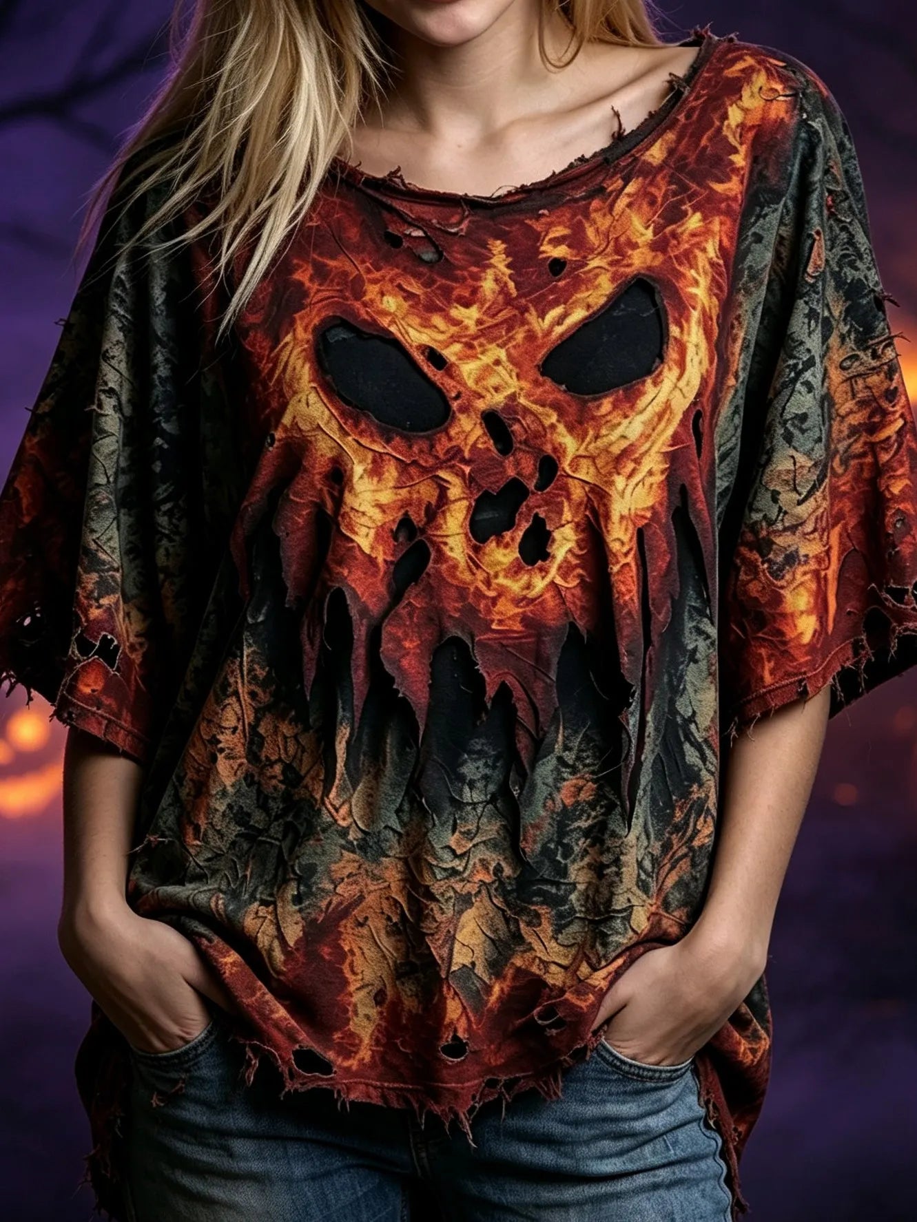 Women's Retro Halloween Style Skull Abstract Print Top