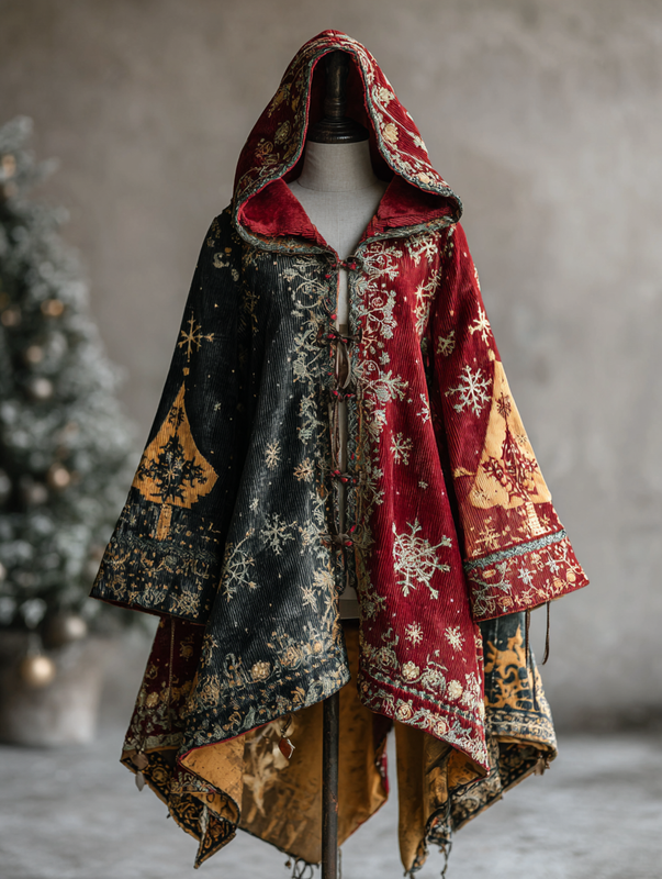 Women's Christmas Contrast Hooded Cape 2dfe