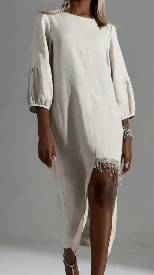 Beige Linen Fringe‑Slit Midi Dress