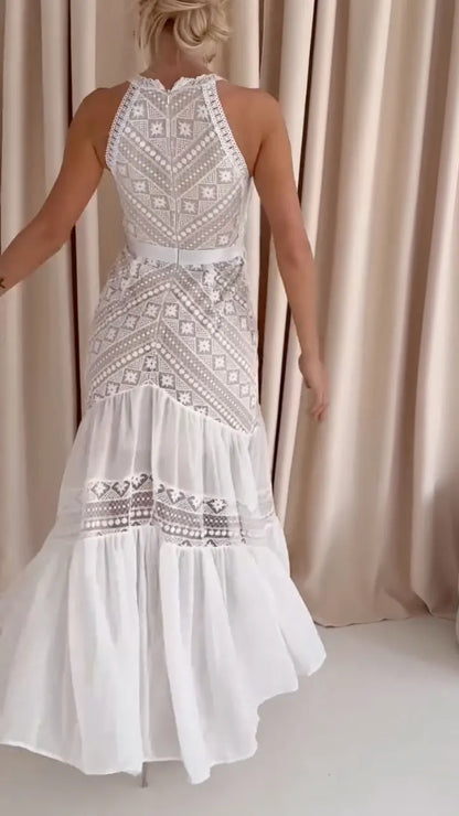 White Geometric Lace Halter Maxi Dress