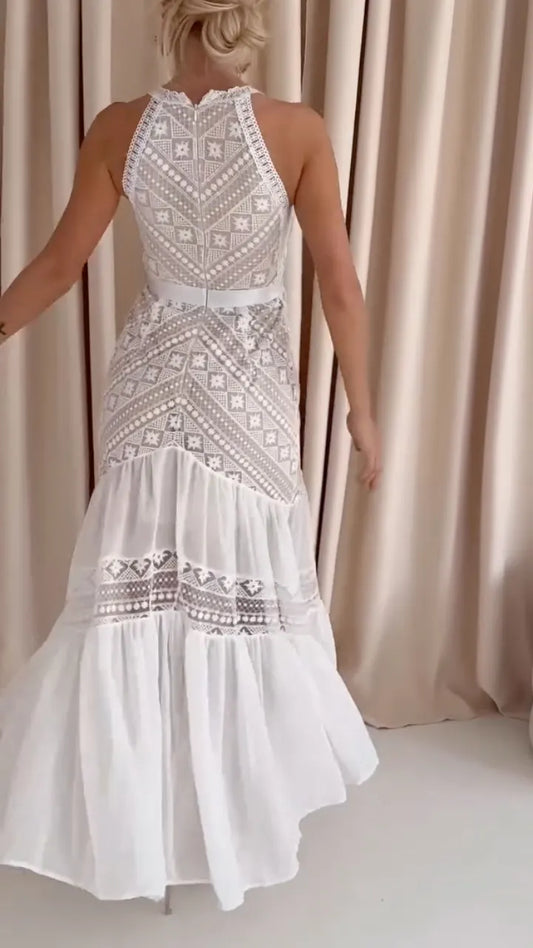 White Geometric Lace Halter Maxi Dress