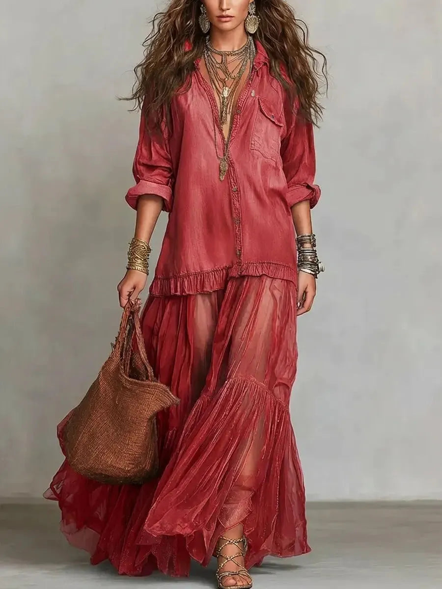 Blue Faux Denim Shirt Collar With Sheer Pockets Maxi Dress