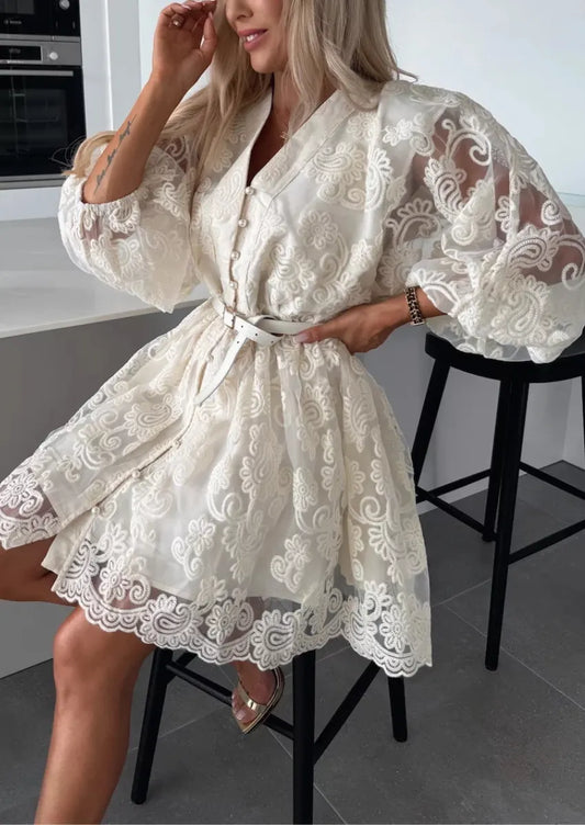 Women's Beige V-Neck Puff Sleeve Lace Embroidered Belted Mini Dress