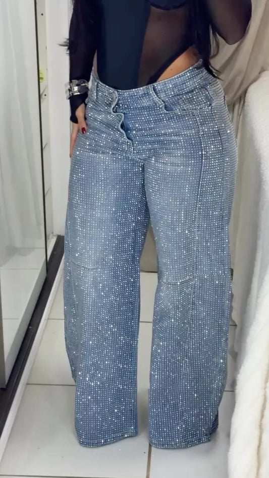 Over Rhinestone High Waist Wide Leg Jeans