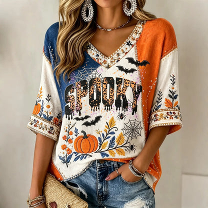 Women's Halloween Floral Pumpkin Letter Patchwork V-neck Cotton Linen Top