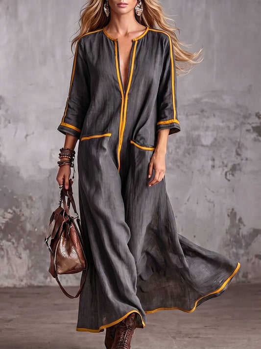 Women's Casual Loose Cotton-linen Dress With V-neck And 3/4 Sleeves