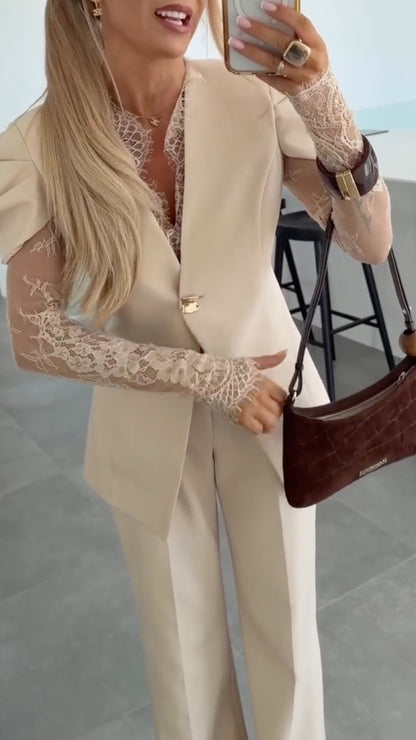 Beige Lace Sleeve Blazer Pants Set