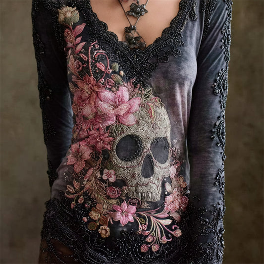 Skull & Pink Flowers Beaded V Neck Comfy T Shirt