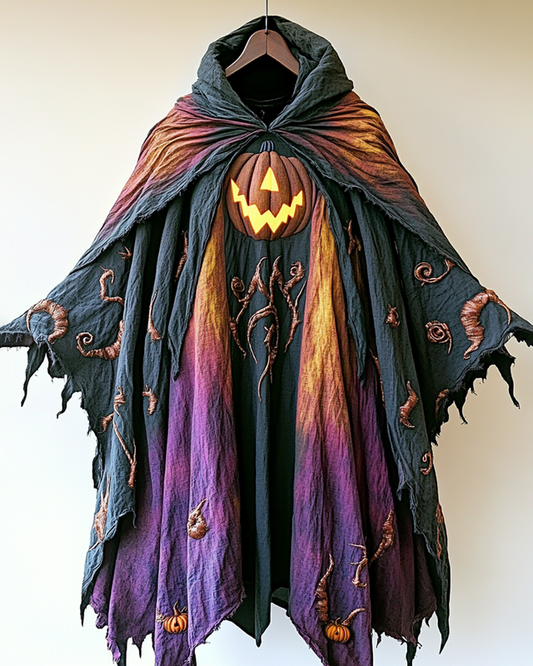 Halloween Themed  Irregular Gradient Pumpkin Embroidered Hooded Cape  a3c4