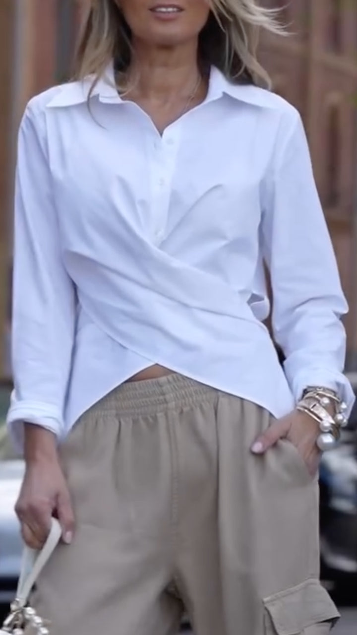 Women's Crossover Waist-Cinching Shirt + Khaki Wide-Leg Cargo Pants Set