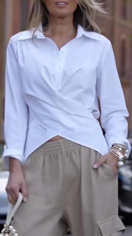 Women's Crossover Waist-Cinching Shirt + Khaki Wide-Leg Cargo Pants Set