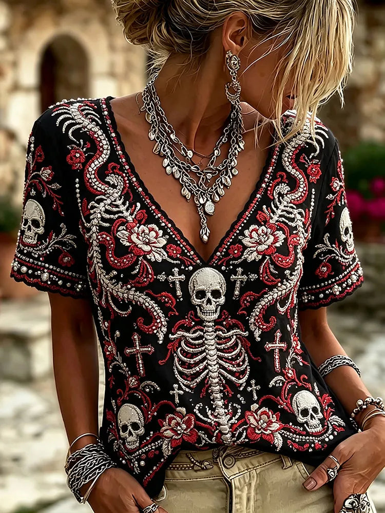Women Halloween Boho Black Gothic Full Skeleton Skull Floral Cross Embroidery V Neck Tee