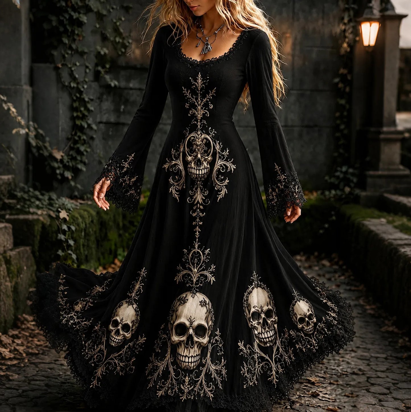 Women's Retro Gothic Skull Pattern Maxi Halloween Dress
