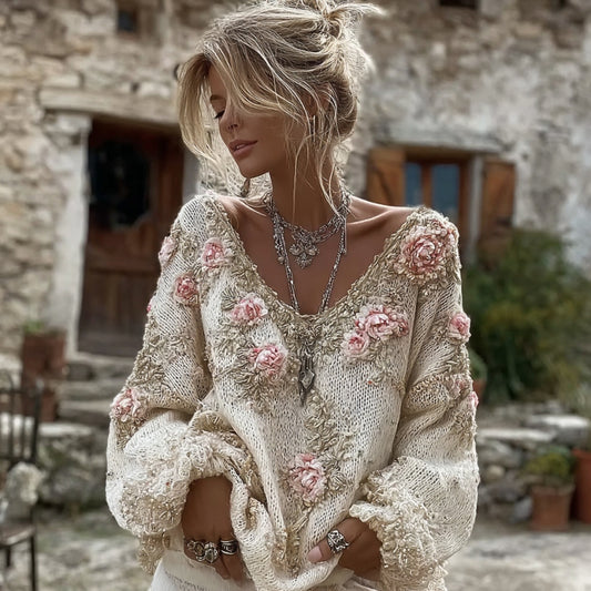 Women's Vintage Pink Flowers Art V-neck Cozy Knit Sweater
