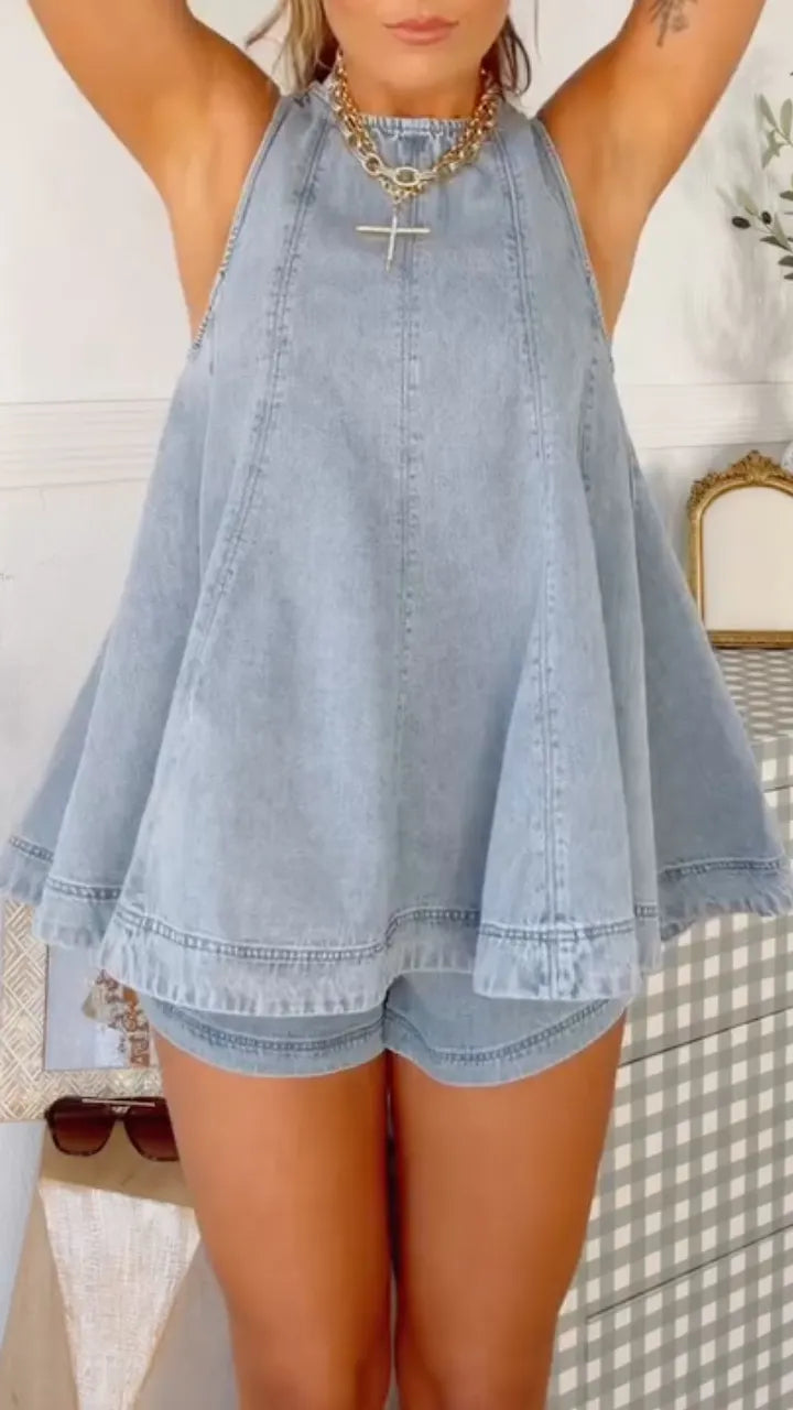 Light Wash Sleeveless Denim Romper Set
