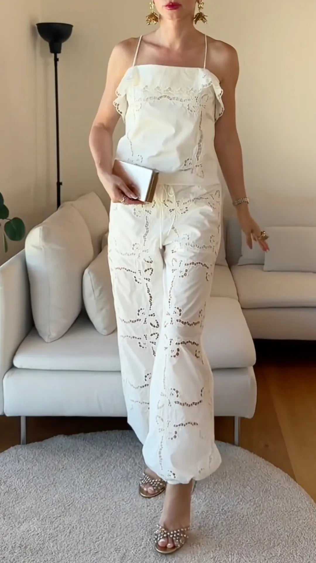 Eyelet Lace Spaghetti Strap Two Piece Pant Set