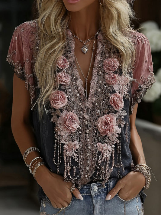 Women's Vintage Pink Rose Embroidered Linen Blend T-shirt