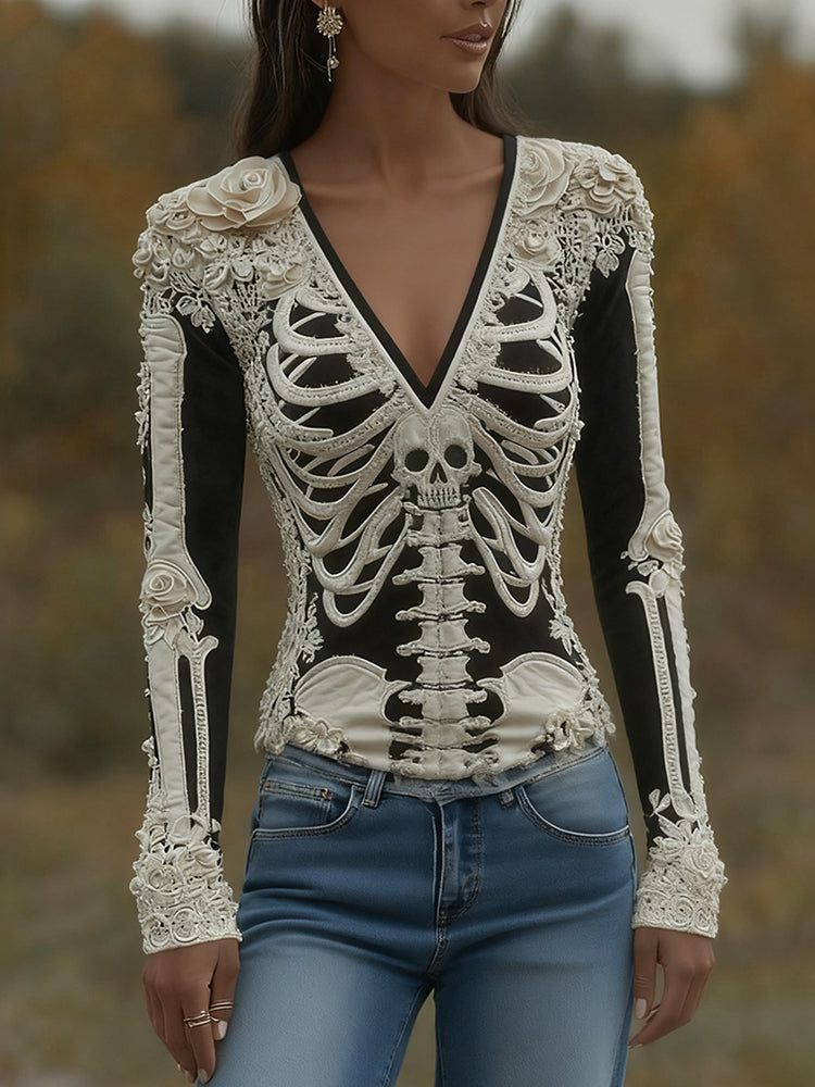 Women's Halloween Skeleton Bones With Roses And Skull Art Casual Long Sleeve V Neck T-shirt