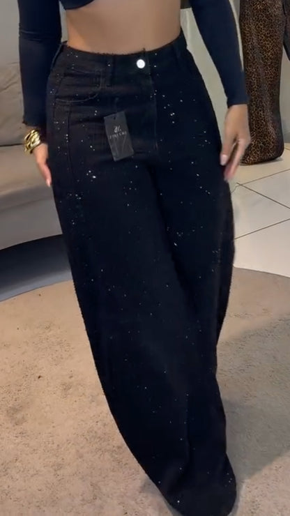 Rhinestone-Embellished High-Waisted Wide-Leg Denim Jeans