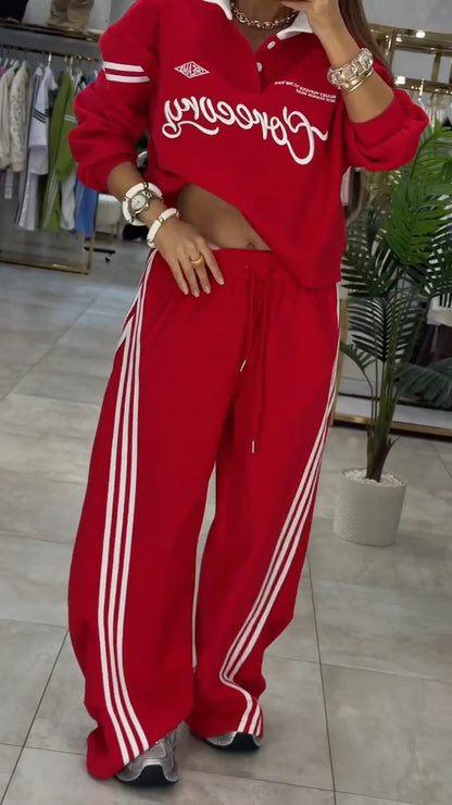 Red Cropped Polo Sweatshirt & Striped Pants Set