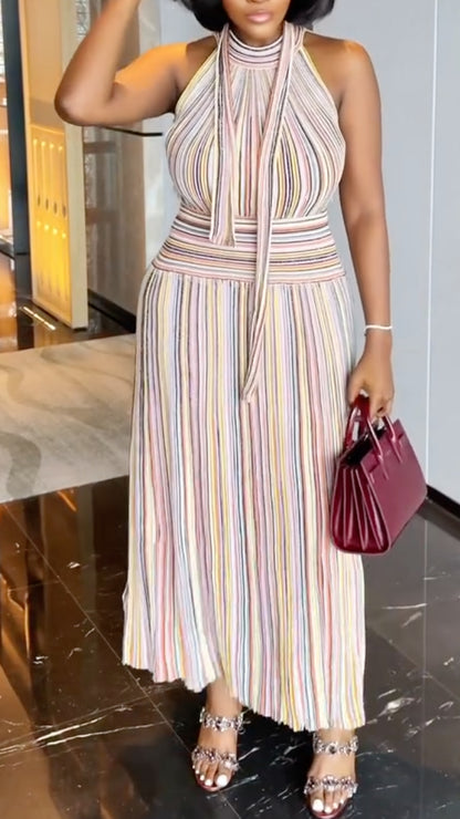 Multicolor Halter Neck Pleated Maxi Dress