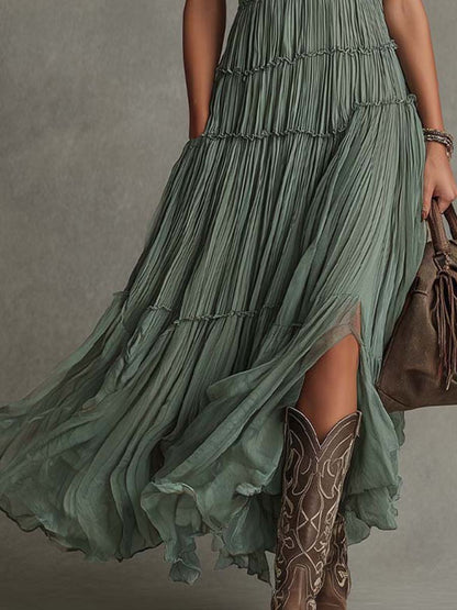 Sage Green Pleated Chiffon V-neck Flowing Maxi Dress