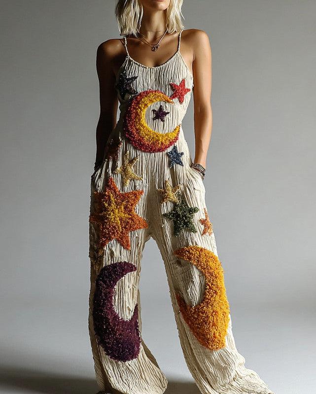 Women's Summer Vacation Stars and Moon Embroidery Linen Overalls 0782