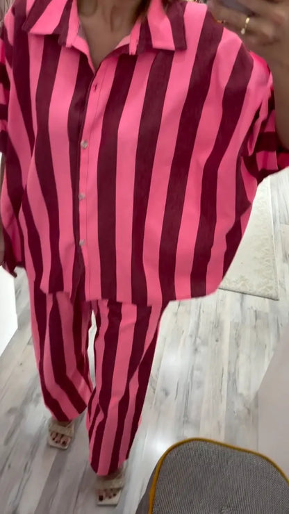 Women's Striped Print Casual Suit With Lapel